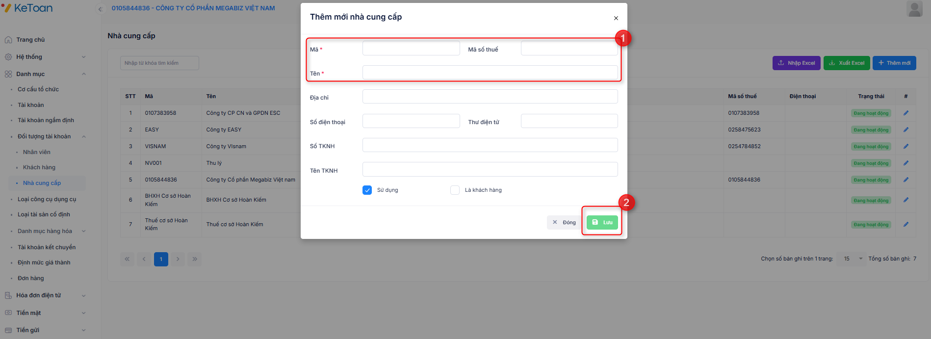 Khai báo nhà cung cấp 2